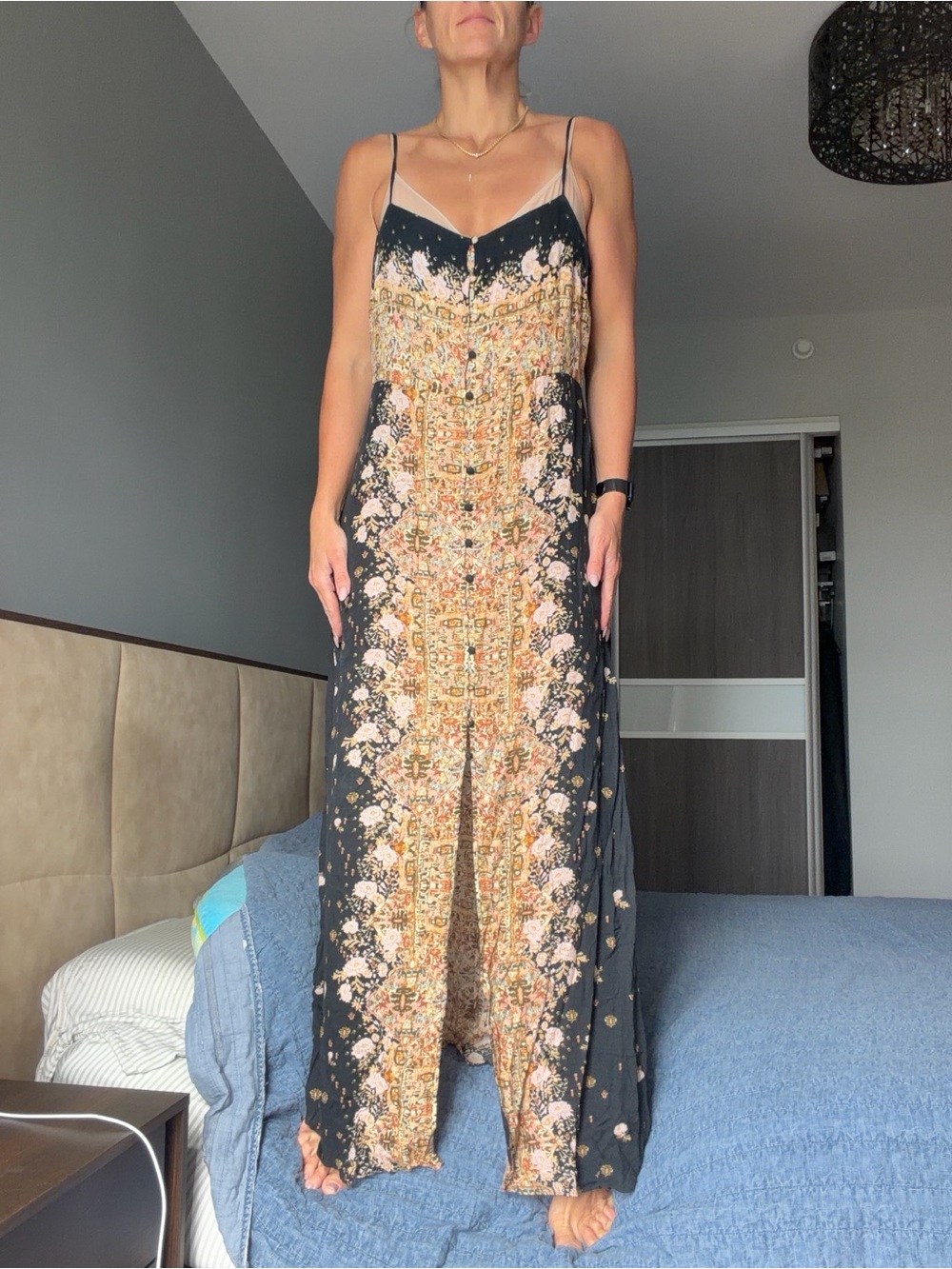 Free People Black Floral Maxi Slip Dress with Front Slit